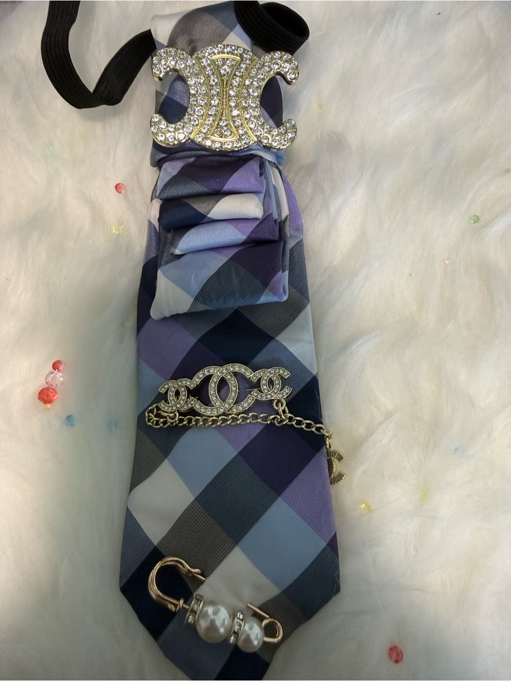 Crystal-Embellished Purple Plaid Tie with Jewelry Accents
